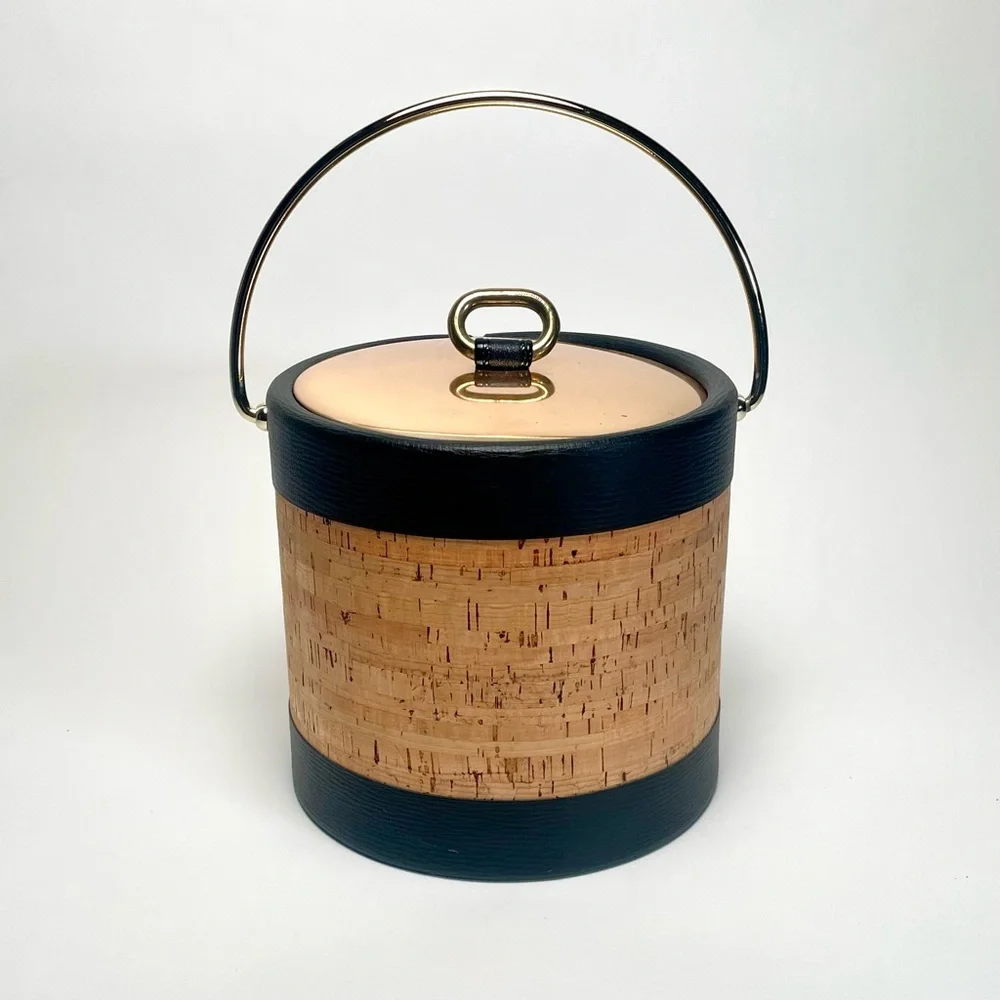 Vintage Kraftware Cork, Faux Black Leather & Gold Ice Bucket 8” With Box MCM